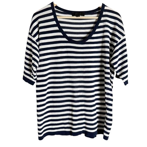 Zara French Striped Scoop Neck Short Sleeve Oversized Linen Blend Tee Size Small - Picture 2 of 7